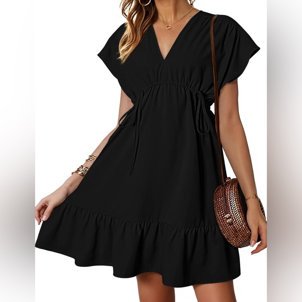NWT Elegant Black V-Neck Mini Dress Ruffle Hem Women’s Medium